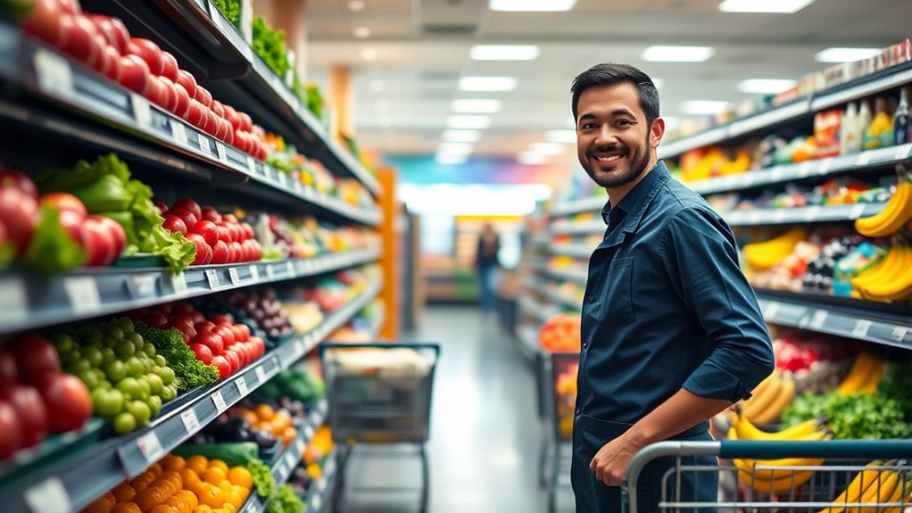 grocery clerk multitasks for efficiency